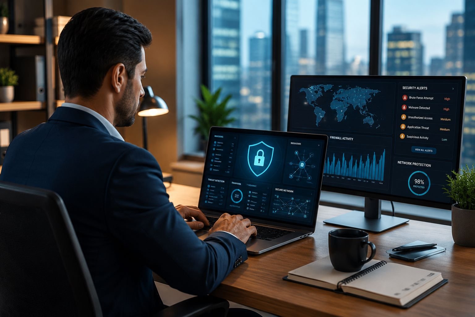 Small business owner reviewing cybersecurity dashboard on laptop in professional office
